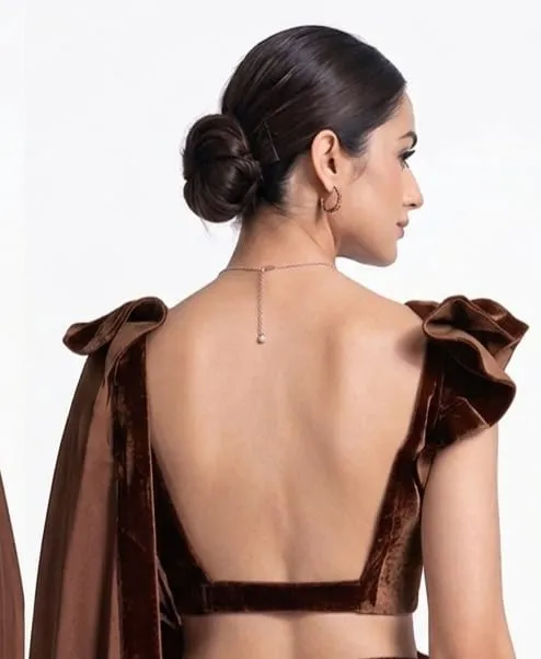 Backless Velvet Blouse Satin Saree Set – Ruffle Sleeve Cocktail & Party Wear Saree - Image 9