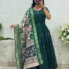 Banarasi Jacquard Silk Anarkali Gown with Floral Printed Zari Dupatta Set | Traditional Festive & Wedding Party Wear Long Dress - Image 12