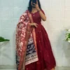 Banarasi Jacquard Silk Anarkali Gown with Floral Printed Zari Dupatta Set | Traditional Festive & Wedding Party Wear Long Dress - Image 13