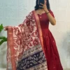 Banarasi Jacquard Silk Anarkali Gown with Floral Printed Zari Dupatta Set | Traditional Festive & Wedding Party Wear Long Dress - Image 15