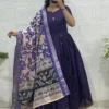 Banarasi Jacquard Silk Anarkali Gown with Floral Printed Zari Dupatta Set | Traditional Festive & Wedding Party Wear Long Dress - Image 3