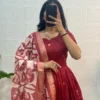 Banarasi Jacquard Silk Anarkali Gown with Floral Printed Zari Dupatta Set | Traditional Festive & Wedding Party Wear Long Dress - Image 6