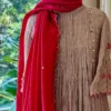 Beige Crushed Tissue Silk Anarkali Suit Set – Pintuck Bodice Kurta with Scalloped Rani Pink Dupatta & Sharara