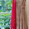 Beige Crushed Tissue Silk Anarkali Suit Set – Pintuck Bodice Kurta with Scalloped Rani Pink Dupatta & Sharara - Image 4