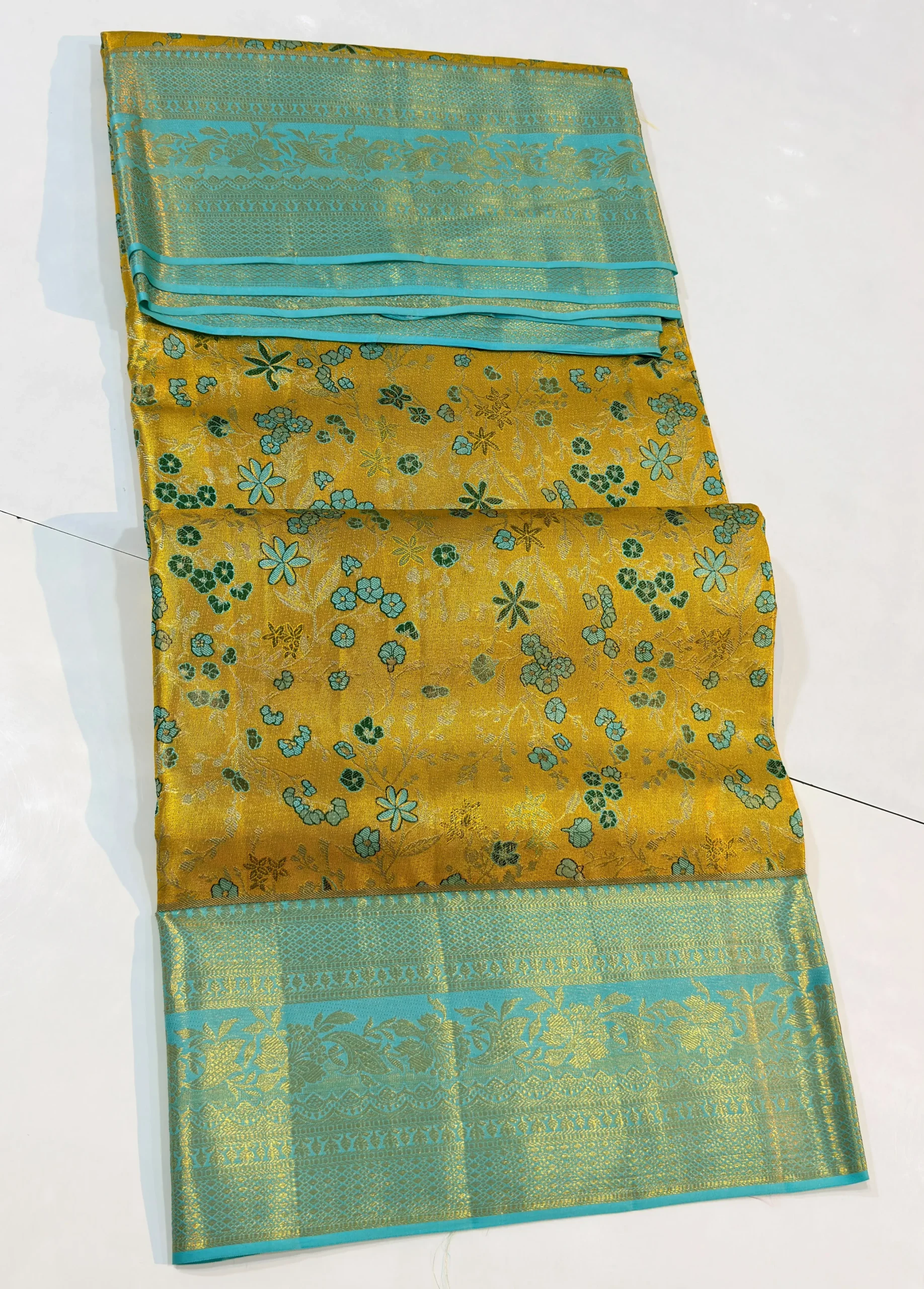 Bridal Gold Tissue Kanchi Pattu Saree with Multi-Color Elephant & Peacock Check Pallu - Image 11