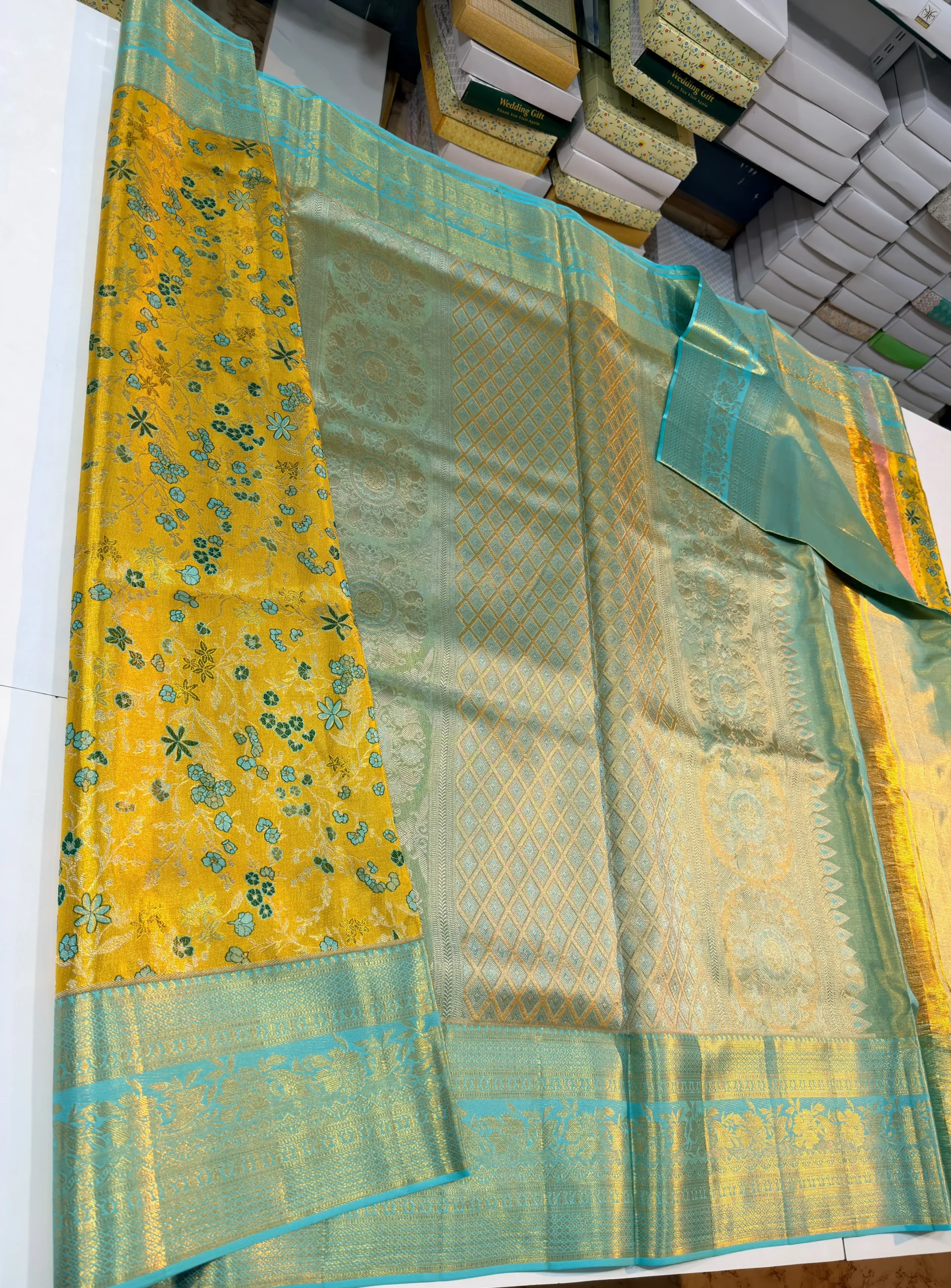 Bridal Gold Tissue Kanchi Pattu Saree with Multi-Color Elephant & Peacock Check Pallu - Image 3