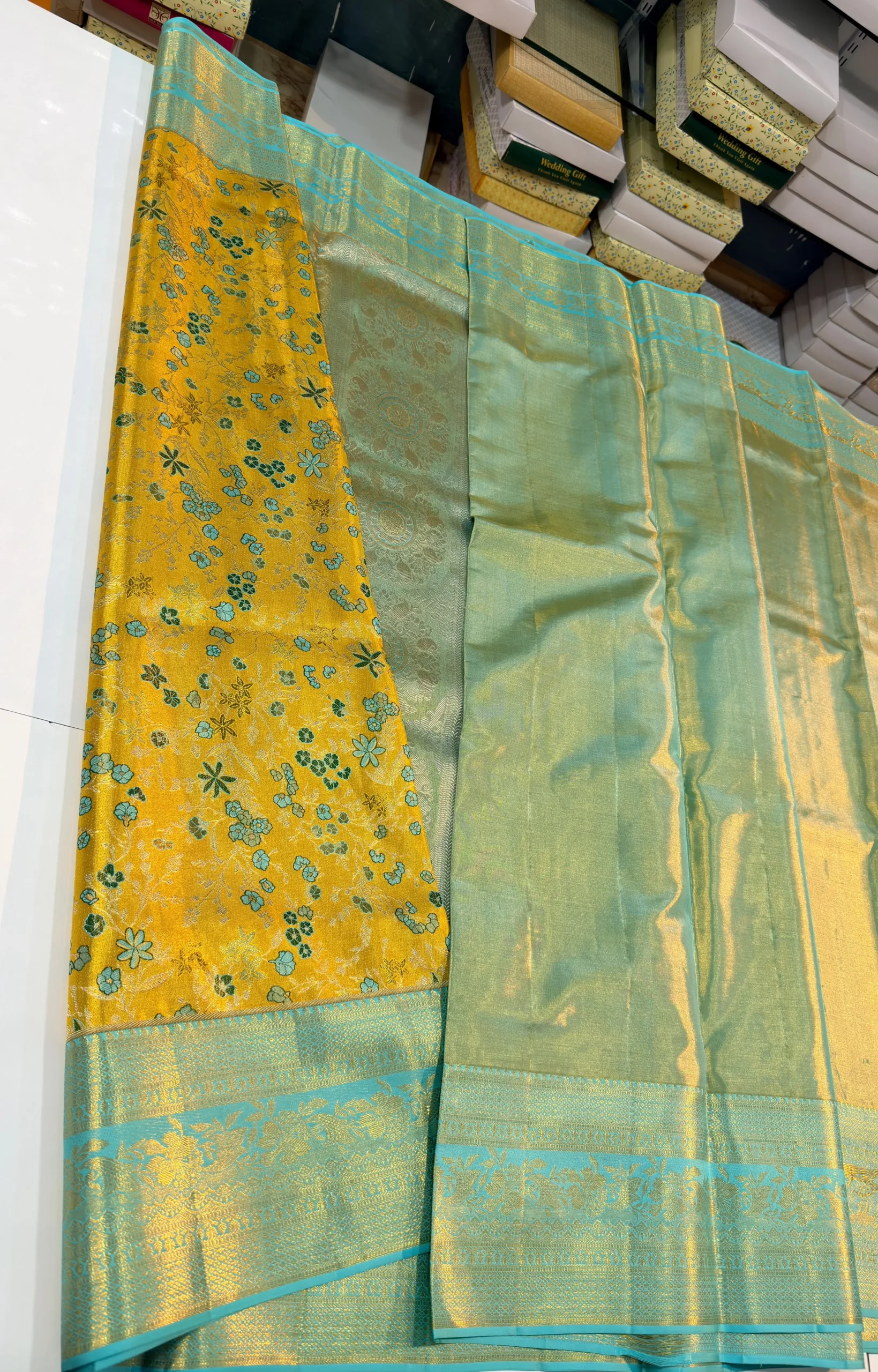 Bridal Gold Tissue Kanchi Pattu Saree with Multi-Color Elephant & Peacock Check Pallu - Image 4