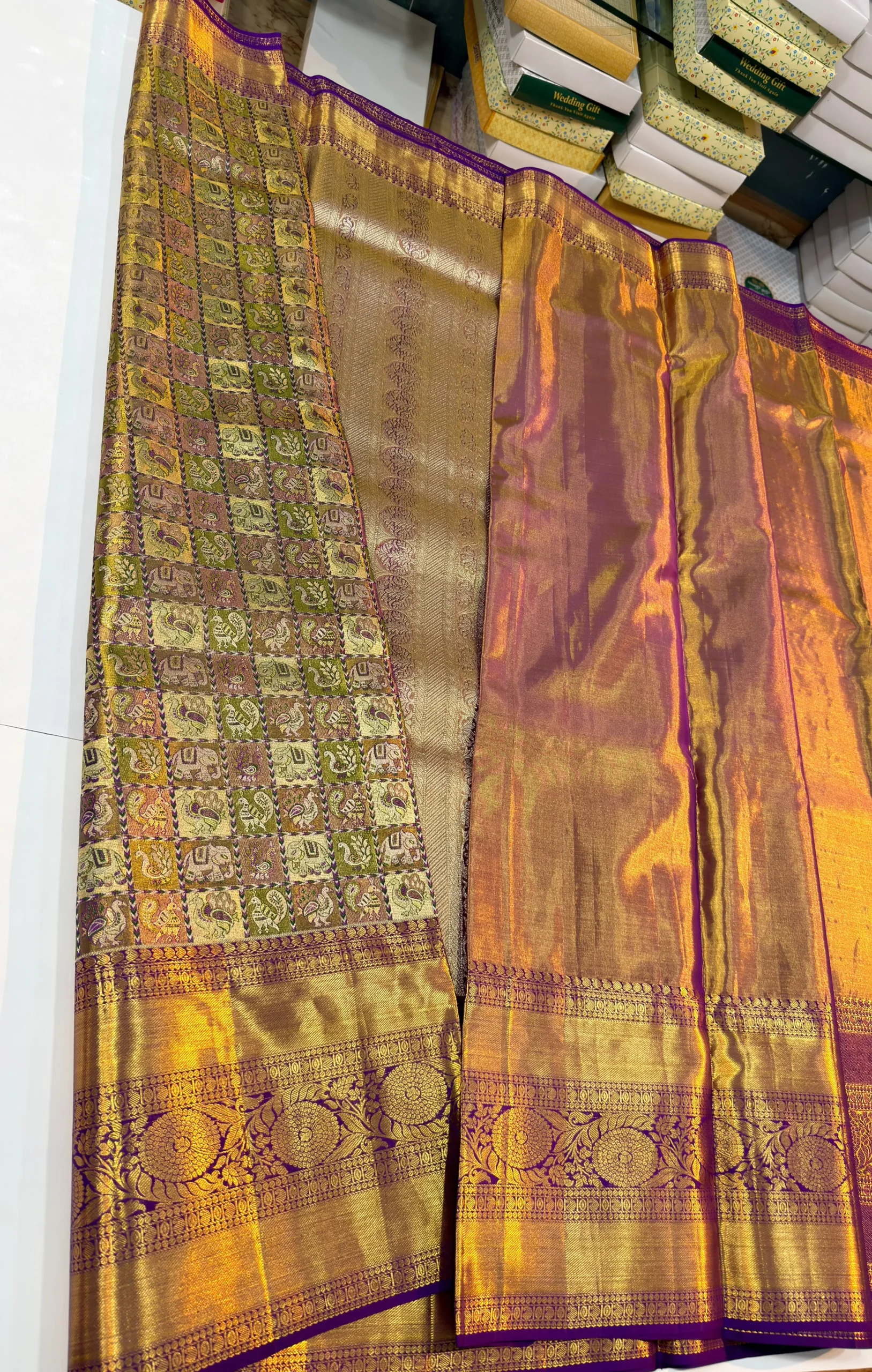 Bridal Gold Tissue Kanchi Pattu Saree with Multi-Color Elephant & Peacock Check Pallu - Image 5