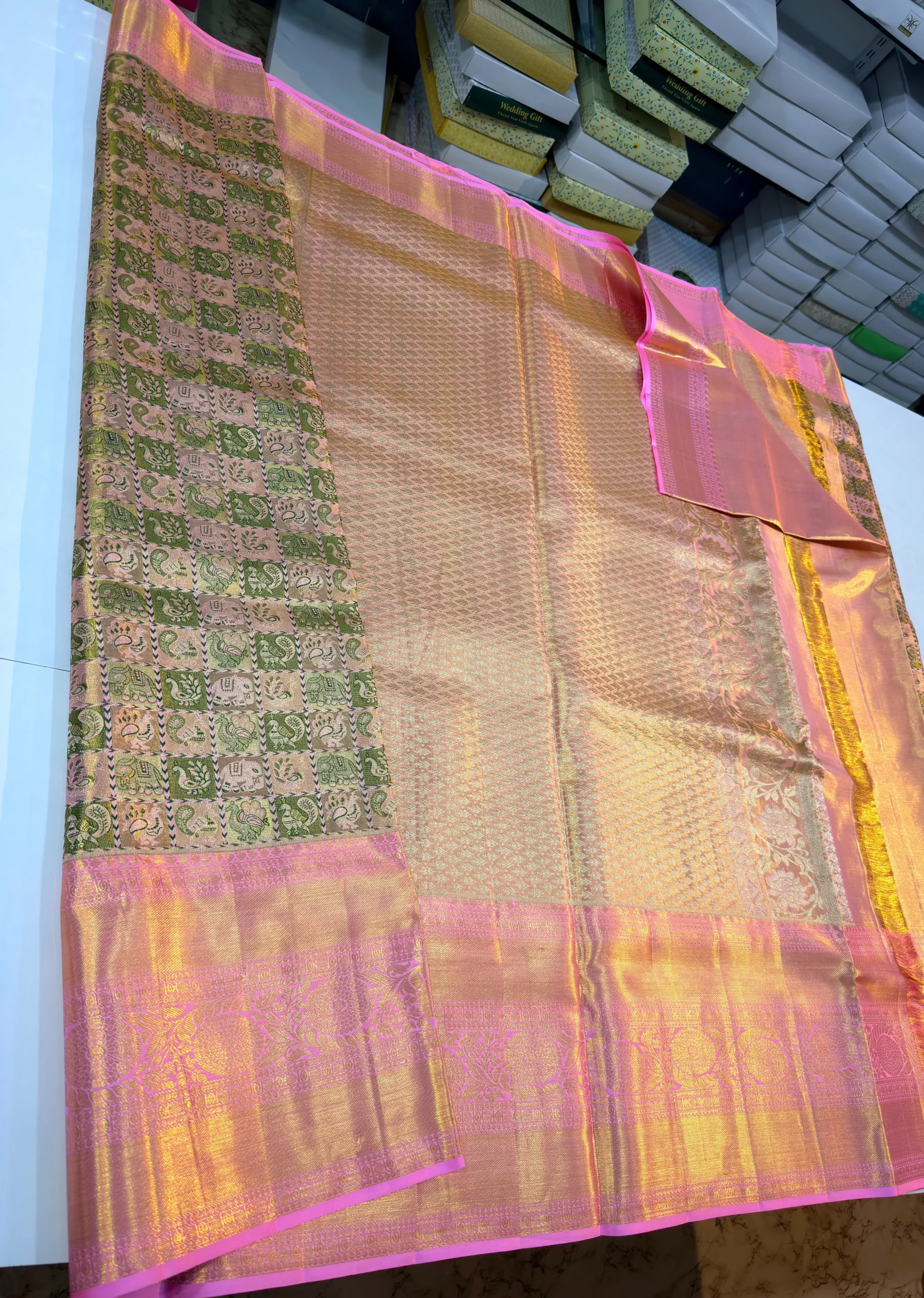 Bridal Gold Tissue Kanchi Pattu Saree with Multi-Color Elephant & Peacock Check Pallu - Image 6