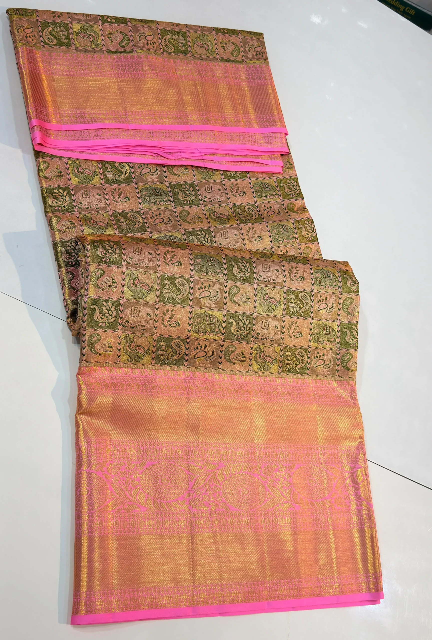 Bridal Gold Tissue Kanchi Pattu Saree with Multi-Color Elephant & Peacock Check Pallu - Image 7