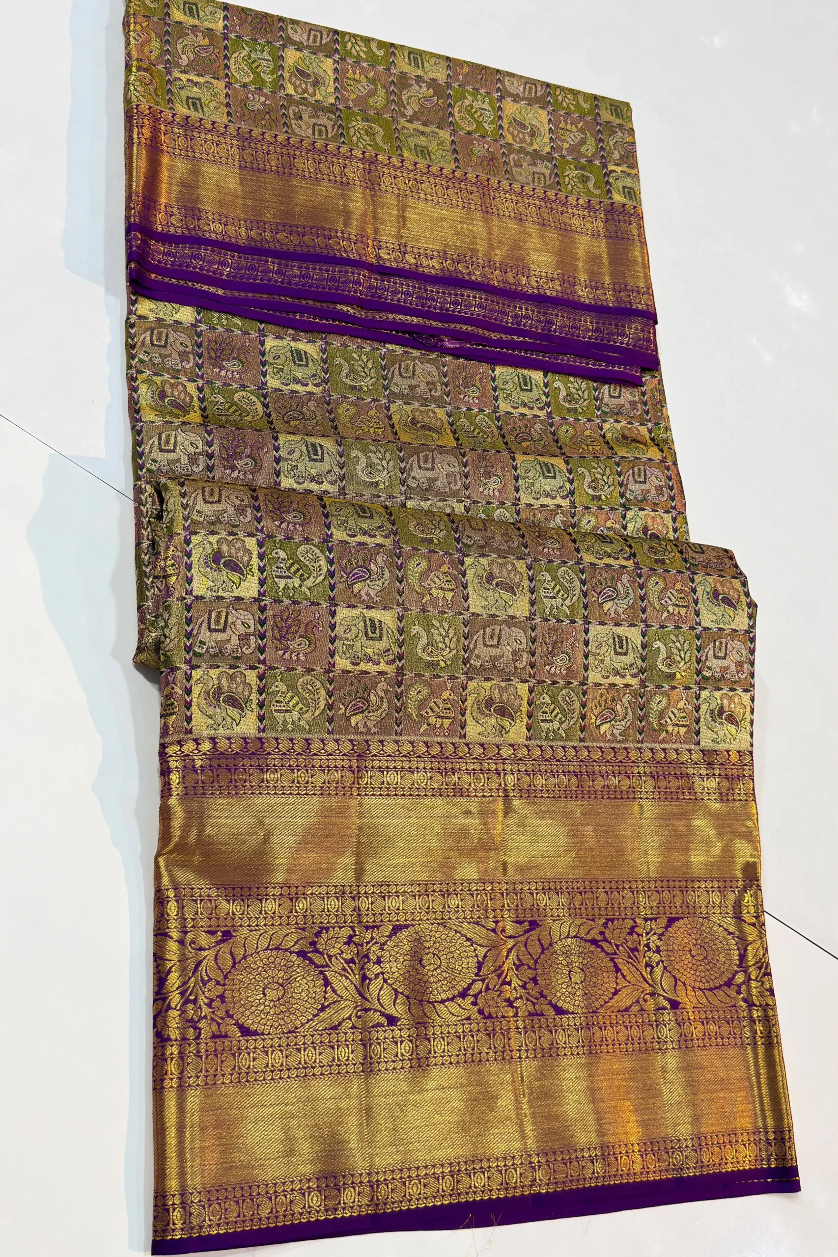 Bridal Gold Tissue Kanchi Pattu Saree with Multi-Color Elephant & Peacock Check Pallu - Image 8
