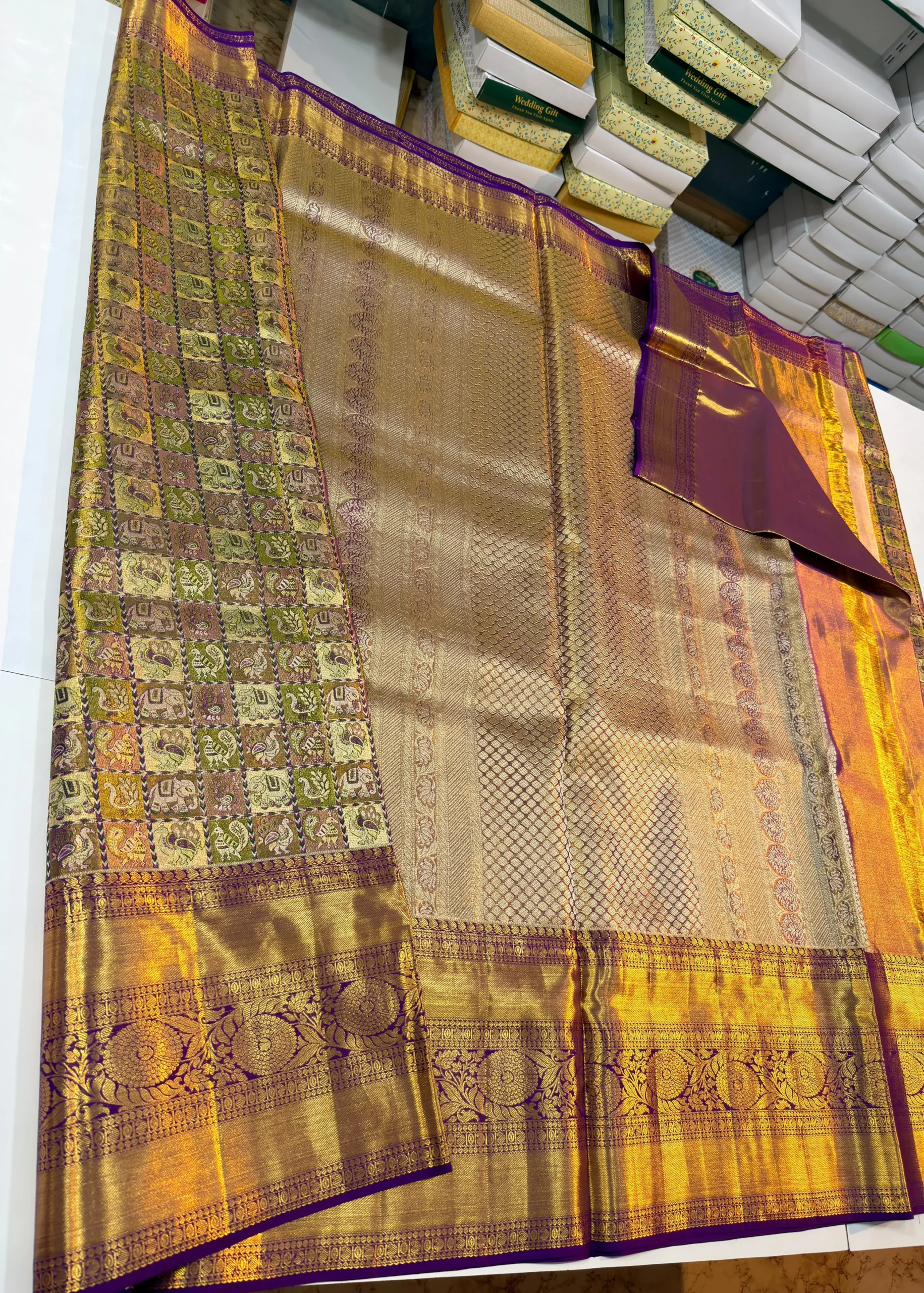 Bridal Gold Tissue Kanchi Pattu Saree with Multi-Color Elephant & Peacock Check Pallu - Image 9