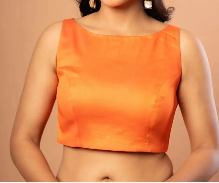 Bright Orange Raw Silk Sleeveless Saree Blouse – Elegant Boat Neck Back Hook Designer Crop Top