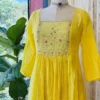 Bright Yellow Pintuck Chiffon Anarkali Dress – Hand Embroidered Floral Yoke Square Neck Haldi Gown
