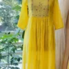 Bright Yellow Pintuck Chiffon Anarkali Dress – Hand Embroidered Floral Yoke Square Neck Haldi Gown - Image 2