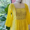 Bright Yellow Pintuck Chiffon Anarkali Dress – Hand Embroidered Floral Yoke Square Neck Haldi Gown - Image 4