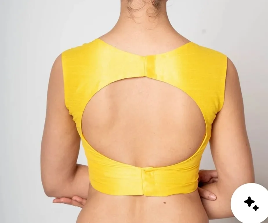 Bright Yellow Raw Silk Sleeveless Saree Blouse – Broad Square Neck Cut-Out Back Designer Choli