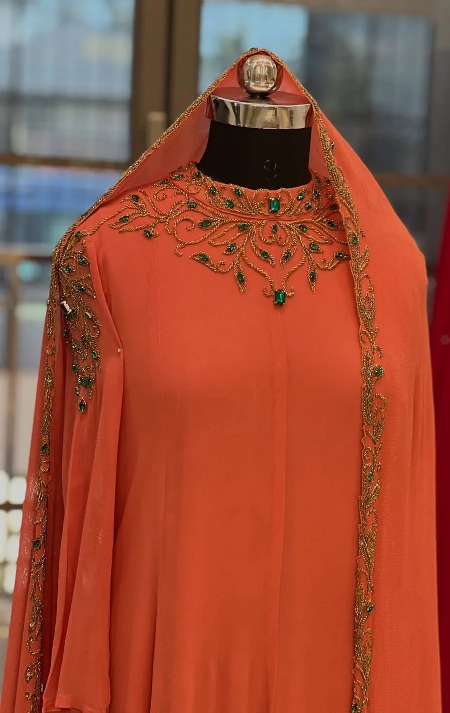 Buy Luxury Peach/Coral Embroidered Gown & Party Wear Ethnic Dress