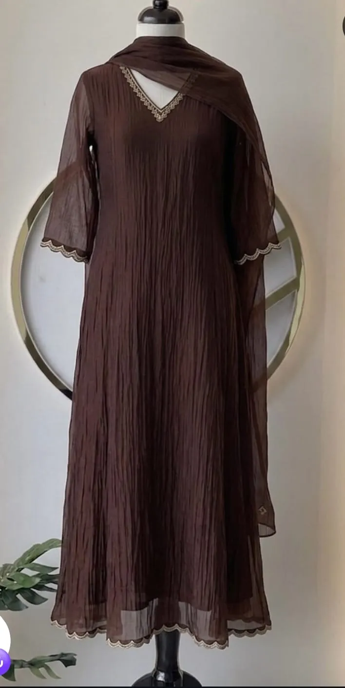 Chocolate Brown Crinkled Chiffon Anarkali Suit Set with Embroidered Scallop Borders & Matching Dupatta | Minimalist Festive Kurta Set