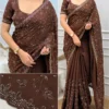 Chocolate Brown Fendy Satin Saree with Beads & Sequins Embroidery | Designer Scalloped Cutwork Border Party Wear Saree with Heavy Blouse