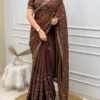Chocolate Brown Fendy Satin Saree with Beads & Sequins Embroidery | Designer Scalloped Cutwork Border Party Wear Saree with Heavy Blouse - Image 2