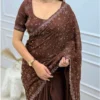 Chocolate Brown Fendy Satin Saree with Beads & Sequins Embroidery | Designer Scalloped Cutwork Border Party Wear Saree with Heavy Blouse - Image 3