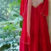 Crimson Red Flared Anarkali Suit Set – Blush Pink Contrast Embroidered Yoke with Coin Lace Latkan & Scalloped Dupatta
