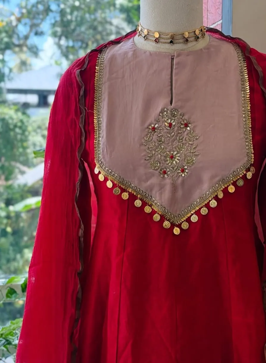 Crimson Red Flared Anarkali Suit Set – Blush Pink Contrast Embroidered Yoke with Coin Lace Latkan & Scalloped Dupatta - Image 2