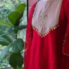 Crimson Red Flared Anarkali Suit Set – Blush Pink Contrast Embroidered Yoke with Coin Lace Latkan & Scalloped Dupatta - Image 3