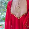 Crimson Red Flared Anarkali Suit Set – Blush Pink Contrast Embroidered Yoke with Coin Lace Latkan & Scalloped Dupatta - Image 4