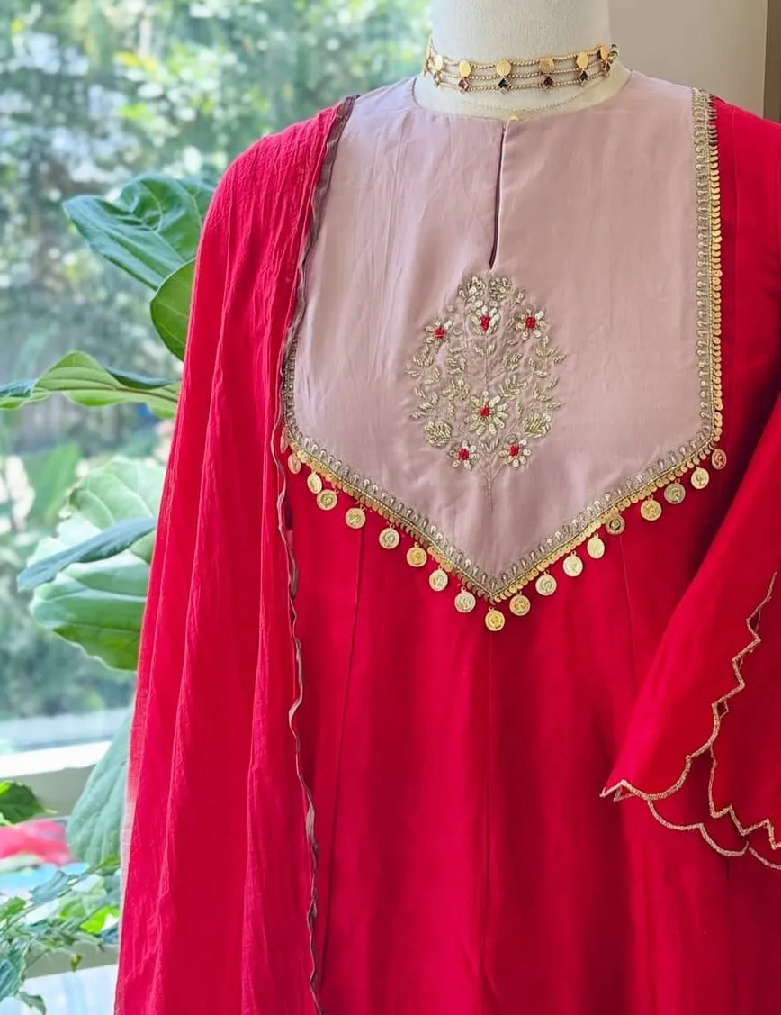 Crimson Red Flared Anarkali Suit Set – Blush Pink Contrast Embroidered Yoke with Coin Lace Latkan & Scalloped Dupatta - Image 4
