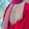 Crimson Red Flared Anarkali Suit Set – Blush Pink Contrast Embroidered Yoke with Coin Lace Latkan & Scalloped Dupatta - Image 5