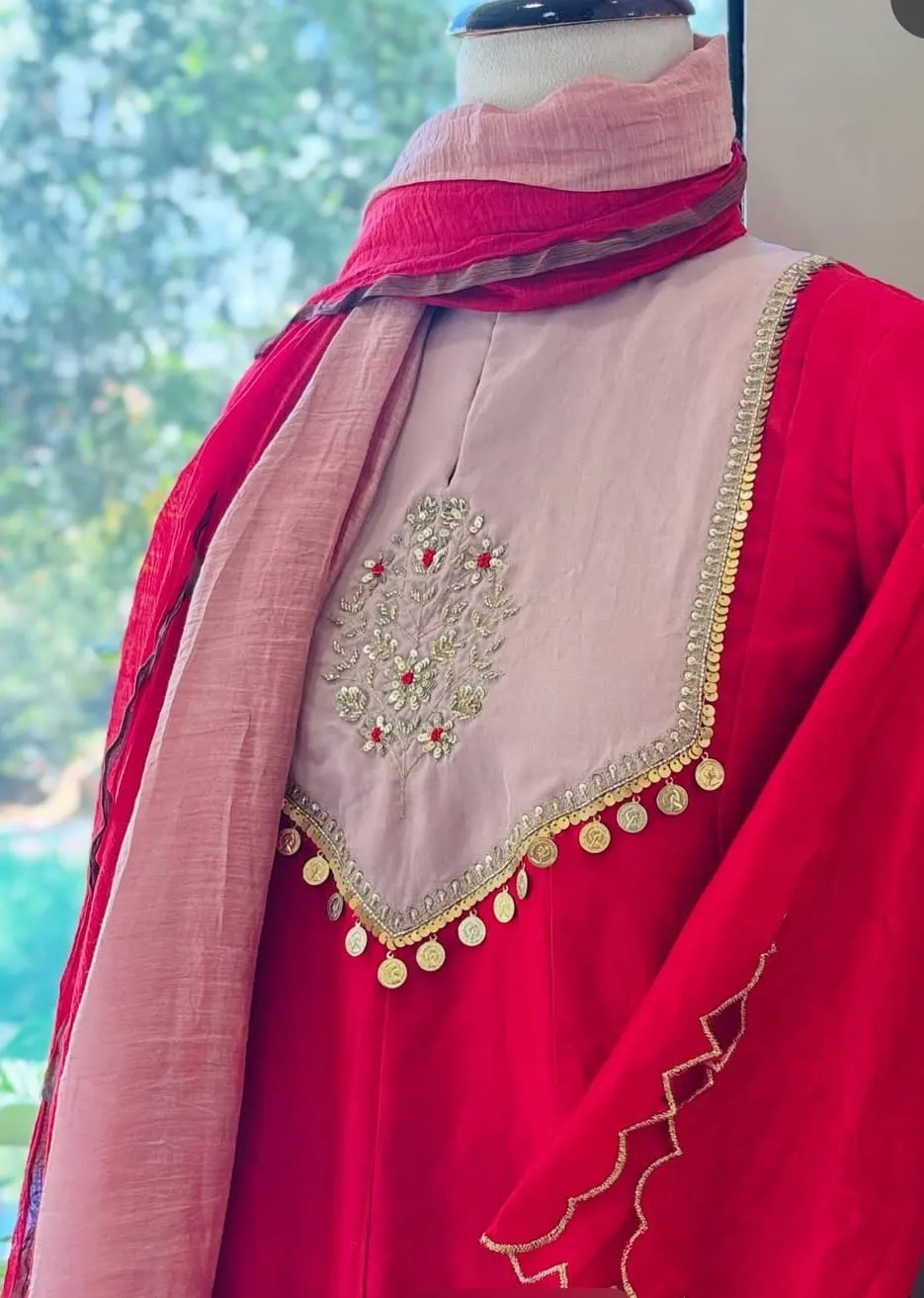 Crimson Red Flared Anarkali Suit Set – Blush Pink Contrast Embroidered Yoke with Coin Lace Latkan & Scalloped Dupatta - Image 5