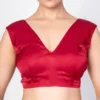 Crimson Red Raw Silk Sleeveless Saree Blouse – Deep V-Neck & Plunging V-Back Readymade Crop Top