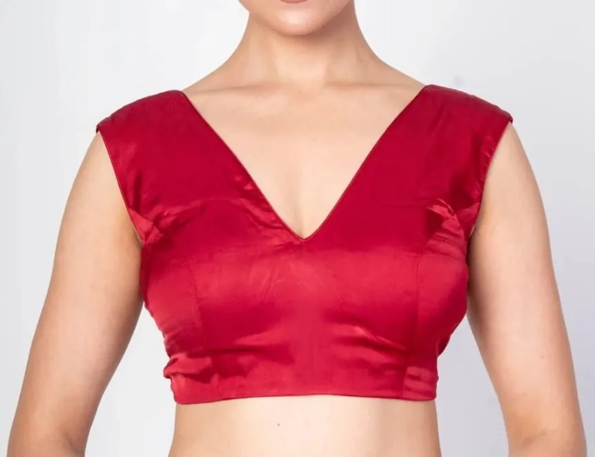 Crimson Red Raw Silk Sleeveless Saree Blouse – Deep V-Neck & Plunging V-Back Readymade Crop Top
