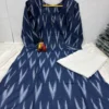 Daily Wear Handloom Style Ikkat Straight Kurta with Flared Cotton Palazzo - Image 4