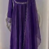 Deep Purple Pleated Silk Anarkali Suit Set with Embroidered Scoop Neck, Straight Pants & Scalloped Dupatta – Wedding & Festive Wear - Image 2