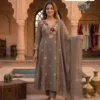 Designer Floral Embroidery Coral Silk A-Line Kurta with Roman Silk Pant & Scalloped Dupatta Set