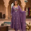 Designer Floral Embroidery Coral Silk A-Line Kurta with Roman Silk Pant & Scalloped Dupatta Set - Image 10