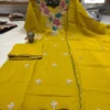 Designer Floral Embroidery Coral Silk A-Line Kurta with Roman Silk Pant & Scalloped Dupatta Set - Image 11