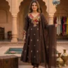 Designer Floral Embroidery Coral Silk A-Line Kurta with Roman Silk Pant & Scalloped Dupatta Set - Image 12