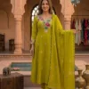 Designer Floral Embroidery Coral Silk A-Line Kurta with Roman Silk Pant & Scalloped Dupatta Set - Image 3
