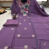 Designer Floral Embroidery Coral Silk A-Line Kurta with Roman Silk Pant & Scalloped Dupatta Set - Image 5