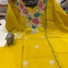 Designer Floral Embroidery Coral Silk A-Line Kurta with Roman Silk Pant & Scalloped Dupatta Set - Image 6