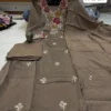 Designer Floral Embroidery Coral Silk A-Line Kurta with Roman Silk Pant & Scalloped Dupatta Set - Image 8
