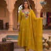 Designer Floral Embroidery Coral Silk A-Line Kurta with Roman Silk Pant & Scalloped Dupatta Set - Image 9