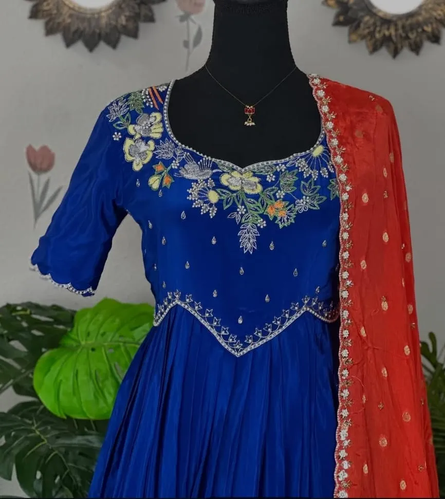 Designer Royal Blue Silk Long Gown & Contrast Orange Dupatta | Ethnic Party Wear