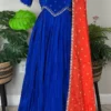 Designer Royal Blue Silk Long Gown & Contrast Orange Dupatta | Ethnic Party Wear - Image 4