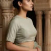 Designer Sage Green Saree Blouse for Women | Ready-Made Crew Neck Party Wear Blouse with Criss-Cross Lace-Up Back - Image 3