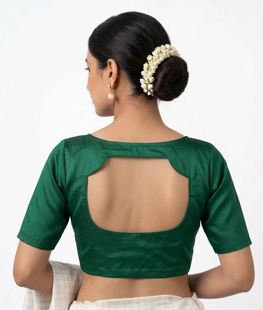 Designer Scalloped Back Neck Blouse | Solid Raw Silk Puff Sleeve Saree Blouse Online